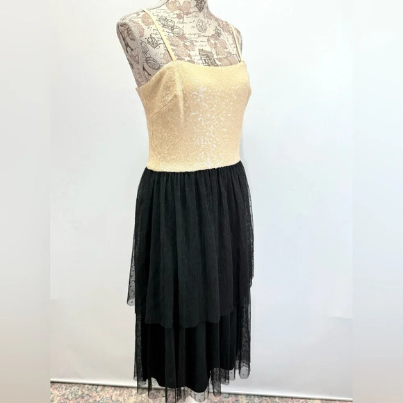 DRESS THE POPULATION Cream sequin KADY w/black tulle skirt cocktail dress size L - Picture 8 of 13